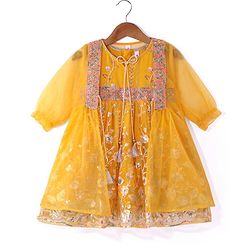 Babyhug Woven Full Sleeves Lace Frock with Leopard Design Shrug - White & Brown main image 1