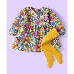 Babyhug Cotton Knit Full Sleeves Floral Printed Frock With Stockings - Yellow