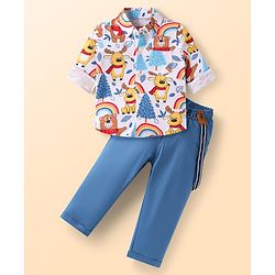 Babyhug Single Jersey Knit Full Sleeves Animal Printed Shirt & Trouser Set with Suspender - Blue