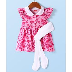 Babyhug Cotton Knit Frill Sleeves Frock With Floral & Butterfly Print & Stockings - Pink