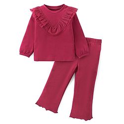 Babyhug Cotton Knit Full Sleeves Solid Color Top & Leggings Set With Mesh Detailing - Maroon