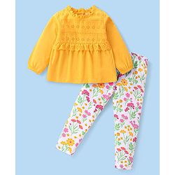 Babyhug Cotton Knit Full Sleeves Schiffli & Lace Detailed Top With Floral Printed Leggings - Yellow