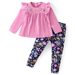 Babyhug Cotton Knit Full Sleeves Frill Detailed Top & Leggings Set With Floral Embroidery - Pink & Navy