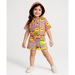 Babyhug Terry Knit Half Sleeves Smiley Printed Hooded T-Shirt & Shorts Set with Front Zipper - Pink& Yellow