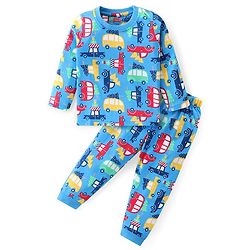 Babyhug Cotton Knit Full Sleeves Night Suit with Vehicles Print - Blue