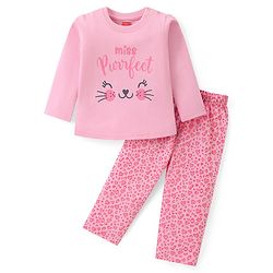 Babyhug Cotton Knit Full Sleeves Night Suit Text & Leopard Print - Pink