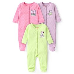 Babyhug Disney Interlock Knit Full Sleeves Front Open Sleep Suit with Minnie Mouse Graphics Pack of 3 -Pink Purple & Neon Green