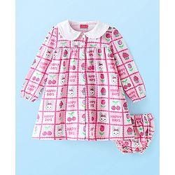 Babyhug Cotton Knit Full Sleeves Peter Pan Collared Frock With Bloomer Kitten & Floral Print - Pink