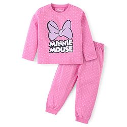 Babyhug Disney Cotton Knit Full Sleeves Night Suit With Minnie Mouse Graphics - Pink