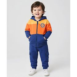 Babyhug Terry Knit Premium Light Gauge Terry Full Doctor Sleeves Cut & Sew Color Block T-Shirt & Joggers Set with Play Text Print - Red & Grey