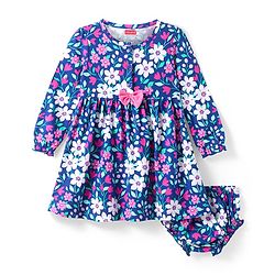 Babyhug Cotton Knit Full Sleeves Floral Printed Frock with Bloomers - Blue