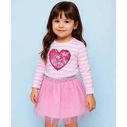 Babyhug Single Jersey Full Sleeves Top with Reverseble Sequinned Heart & Mid Thigh Length Skirt - Pink