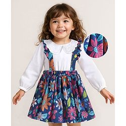 Babyhug Single Jersey Knit Full Sleeves Solid Colour Top & Skirt With Floral Print - White & Navy Blue