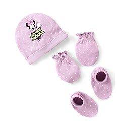 Babyhug Disney Cap Mittens & Booties Set With Minnie Mouse Graphics - Lilac