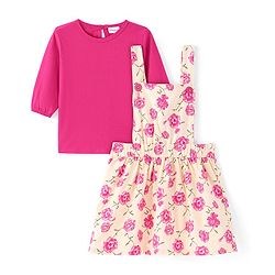 Babyhug Cotton Knit Floral Printed Frock with Full Sleeves Solid T-Shirt - Dark Pink