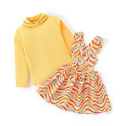Babyhug Cotton Knit Full Sleeves Top & Floral Printed Skirt With Suspender - Yellow
