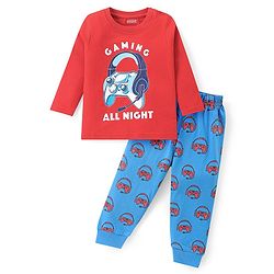 Babyhug Cotton Knit Full Sleeves Night Suit Gaming Print - Red