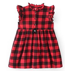 Babyhug Cotton Knit Sleeveless Checked Frock with Frill Detailing - Red