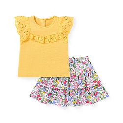 Babyhug Single Jersey Knit Half Sleeves Solid Colour Frill Detailed Top & Mid Thigh Length Floral Printed Layered Skirt - Yellow