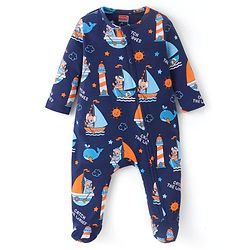Babyhug Cotton Knit Full Sleeves Sleep Suit With Nautical Theme Print - Navy