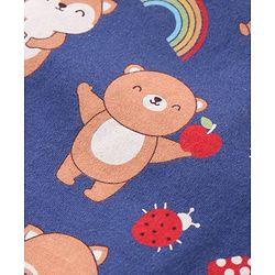 Babyhug Cotton Knit Full Sleeves Footed Sleep Suit with Bear & Fox Print - Navy Blue