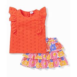 Babyhug Single Jersey Knit Frill Sleeves Schiffli Top & Floral Printed Layered Skirt Set - Orange & White