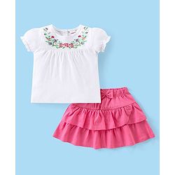 Babyhug Cotton Knit Half Sleeves Top & Layered Skirt Set With Floral Embroidery - White & Dark Pink