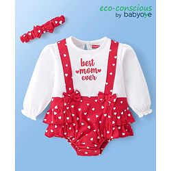 Babyhug 100% Cotton Knit Full Sleeves Text & Hear Printed Frill Detailing Onesie with Headband - Red