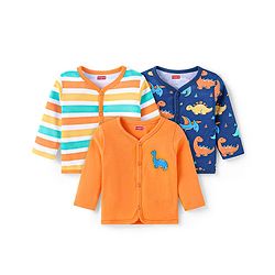 Babyhug 100% Cotton Antibacterial Front Open Vest With Dino Print Pack of 3 - Blue & Orange