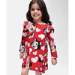Babyhug Disney Single Jersey Knit Full Sleeves Frock With Minnie Mouse Graphics & Bloomer - Red