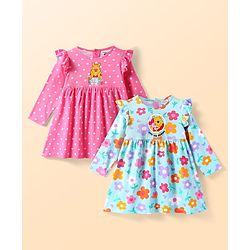Babyhug Disney Single Jersey Knit Full Sleeves Frock With Winnie The Pooh Graphics & Frill Detailing Pack of 2 - Dark Pink & Light Blue