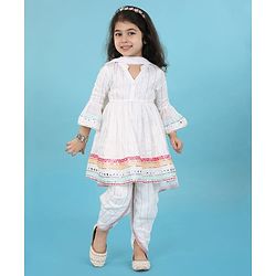 Babyhug Woven Three Fourth Sleeves Mirror Work Embroidered Kurta & Dhoti Set with Dupatta - White