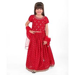Babyhug Woven Half Sleeve Foil Floral Printed Choli Lahenga Set with Dupatta - Red