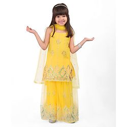 Babyhug Woven Sleeveless Net Sequins Embroidered Kurti Palazzo Set with Dupatta - Yellow