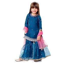 Babyhug Woven Three Fourth Sleeves Organza Embroidered Kurti Gharara & Dupatta Set with Tassle Detailing - Teal