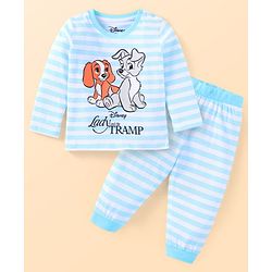 Babyhug Disney Single Jersey Knit Full Sleeves Striped Night Suit with Lady And The Tramp Graphics - Light Blue & White
