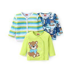 Babyhug 100% Cotton Knit Full Sleeves Striped & Bear Printed Front Open Vests Pack of 3 - Limegreen White & Blue