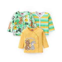 Babyhug 100% Cotton Knit Full Sleeves Front Open Vest Bear & Bunny Print Pack of 3 - Yellow & Green