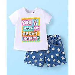 Babyhug Single Jersey Knit Half Sleeves Text Printed Top & Denim Shorts Set - White & Blue
