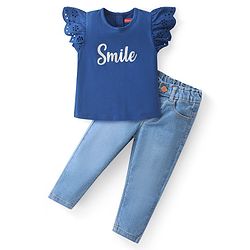 Babyhug Cotton Knit Flutter Sleeves Text Printed Top & Denim Jeans Set -Navy