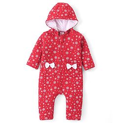 Babyhug Winter Polyfill Full Sleeves Hooded Romper with Intarsia Print & Bow Applique - Red