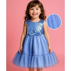 Babyhug Woven Sleeveless Sequined Yoke Mesh Tiered Party Frock with Bow Applique - Blue
