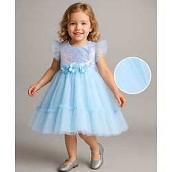 Babyhug Woven Ruffles at Sleeves Sequined Yoke Mesh Tiered Party Frock with Floral Applique - Light Blue