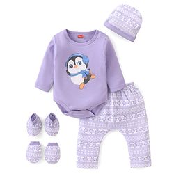 Babyhug 100% Cotton Full Sleeves Onesie with Leggings Cap Mittens & Booties Penguin Print - Lilac