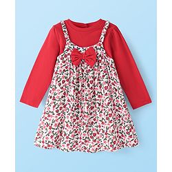 Babyhug Viscose Woven Floral Printed Frock With Full Sleeves Solid Inner Tee - Red & White