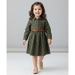 Babyhug Viscose Full Sleeves Frock with Polka Dot - Olive Green