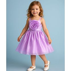 Babyhug Woven Singlet Sleeves Solid Party Frock with Floral Corsage at Yoke - Lilac