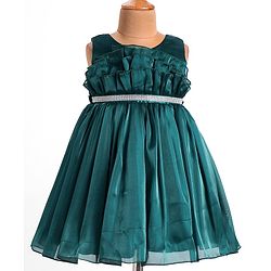 Babyhug Woven Sleeveless Party Frock with Frills at Yoke & Lace Detailing - Dark Green
