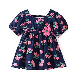 Babyhug Viscose Woven Half Sleeves Frock with Floral Print - Navy Blue