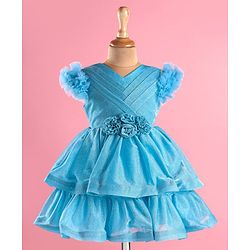 Babyhug Woven Half Ruffle On Sleeves Shimmered Layered Party Frock with Floral Applique & Pleats Detailing - Light Blue